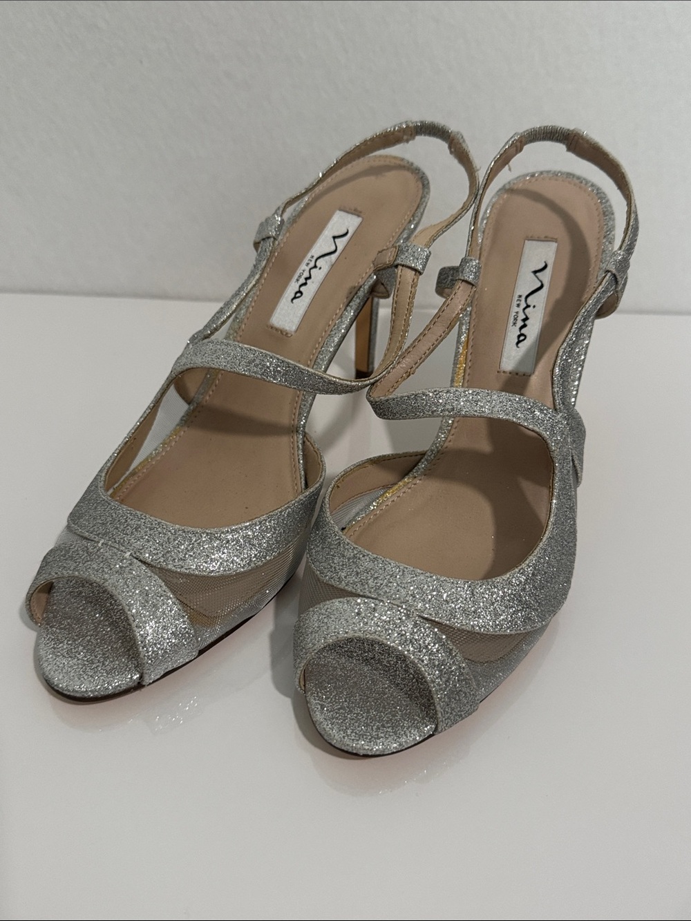 Nina New York Silver Glitter Peep Toe Slingback Heels Size‎ 9.5M